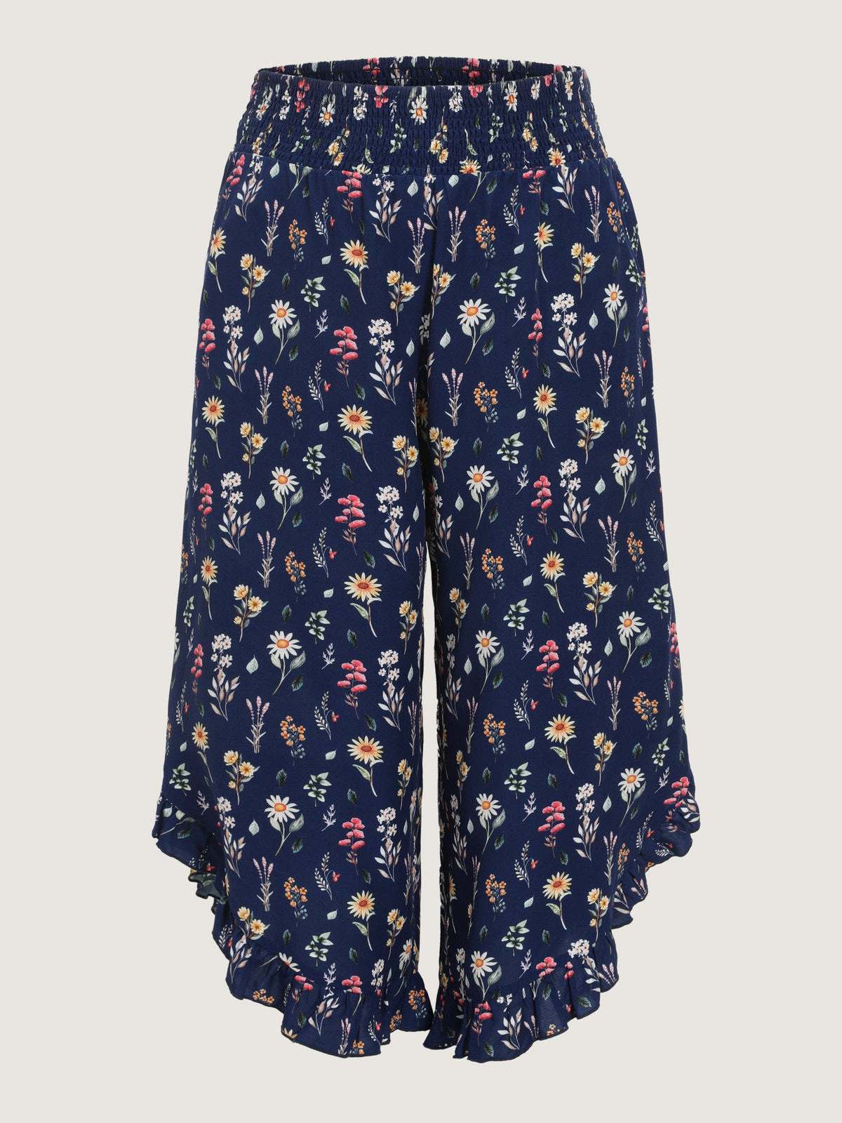 Colorful Floral Print Shirred Waist Ruffled Pants