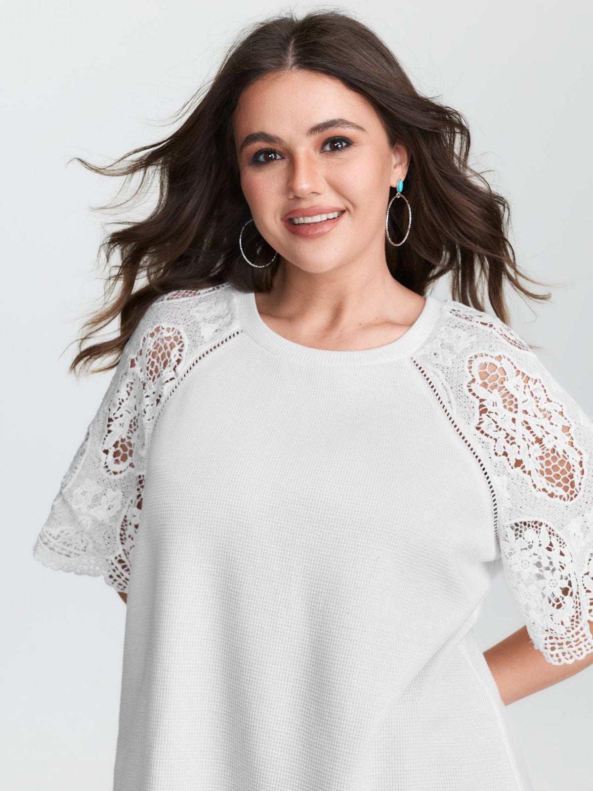 Lace Textured Flared Sleeve Plain Blouse