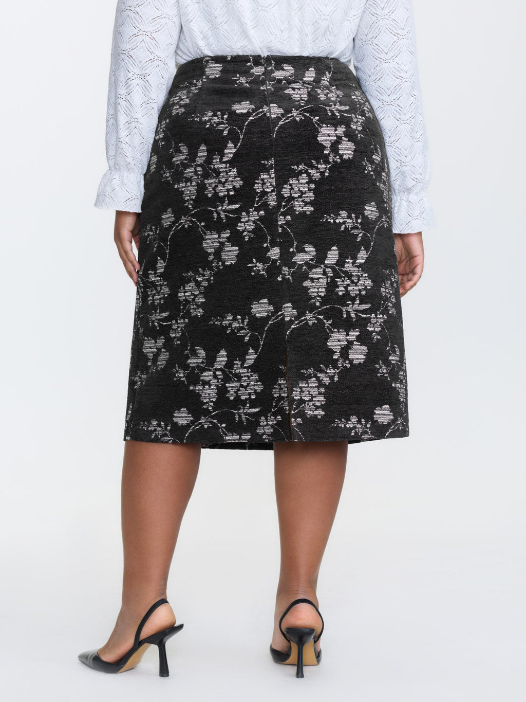 Floral Textured Zipper Midi Pencil Skirt