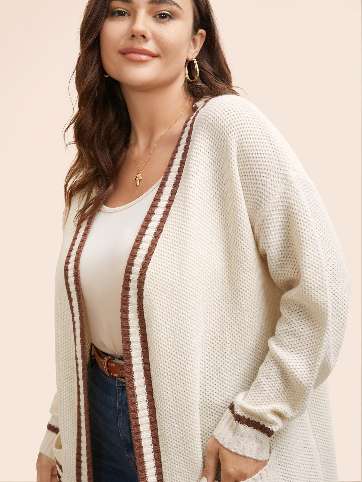 Crochet Floral Patch Pocket Drop Shoulder Cardigan