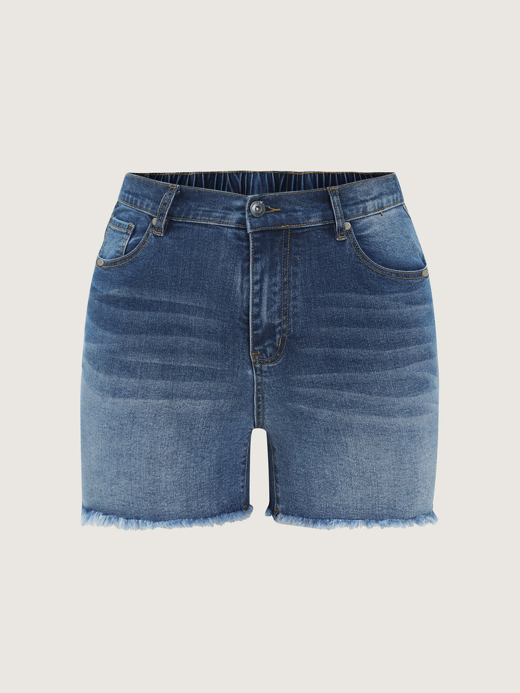 Stretchy Waist Raw Hem Straight-Leg Denim Shorts