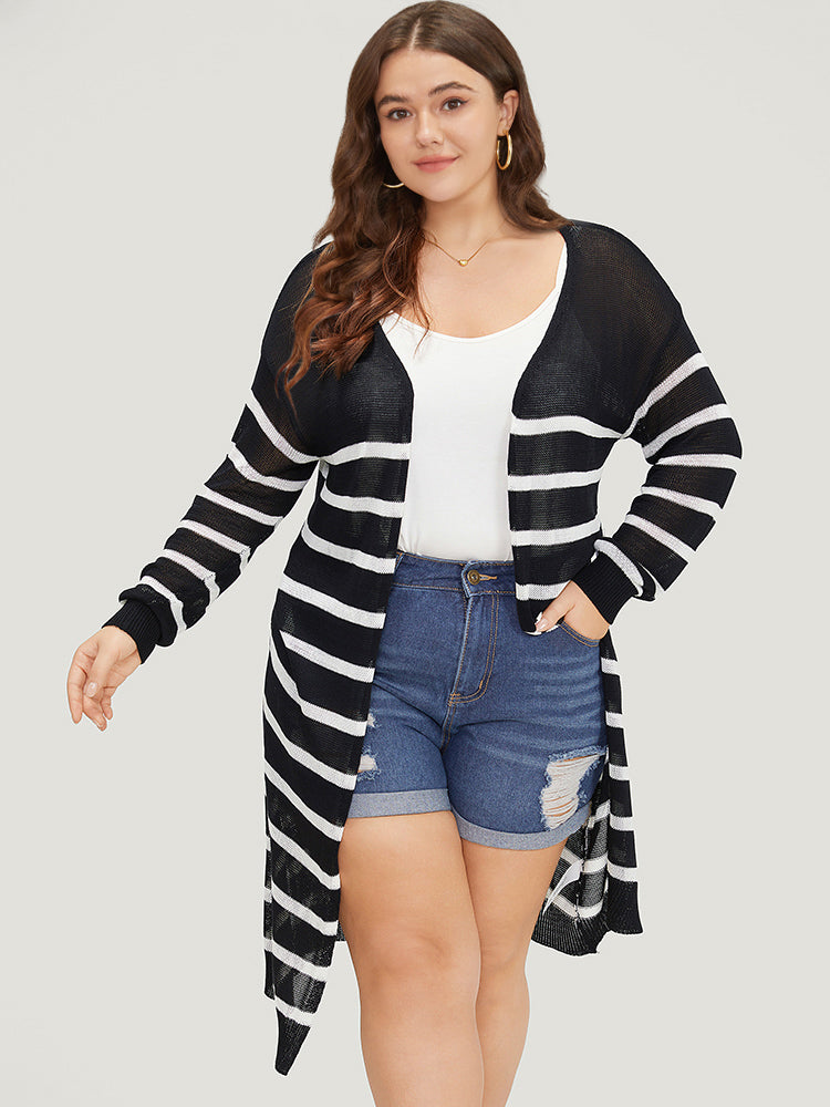 Striped Open Front Elastic Cuffs Drop Shoulder Cardigan