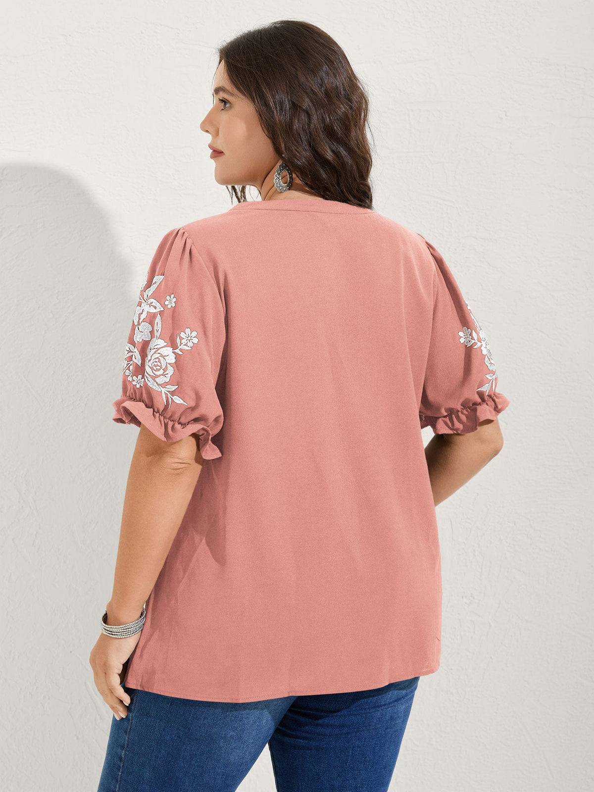 Notched Collar Embroidered Ruffled Blouse
