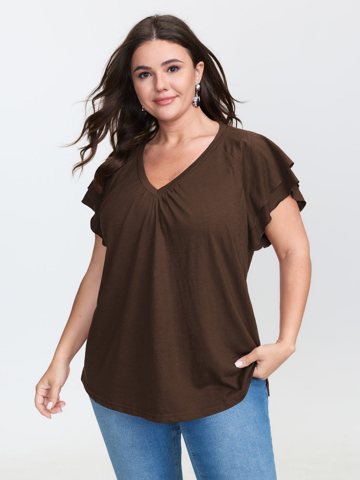 Stretchy Textured Flared Sleeve T-Shirt