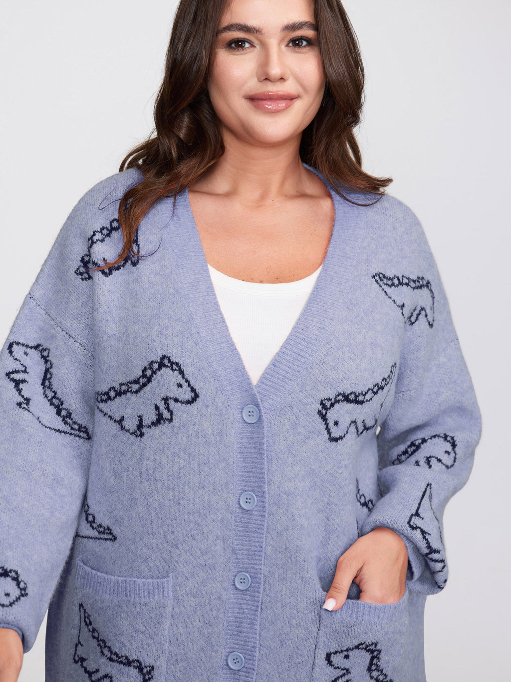 Jacquard Dinosaur Print Knit Cardigan