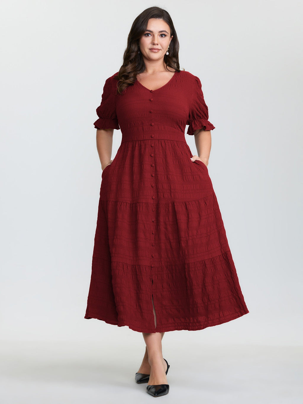 Textured Triangular Cinched-Waist Tiered Maxi Dress
