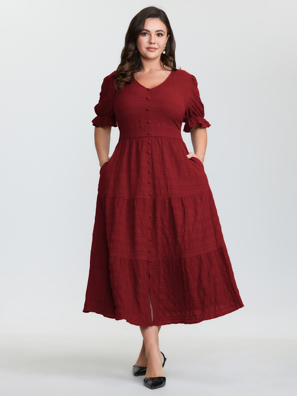 Textured Triangular Cinched-Waist Tiered Maxi Dress
