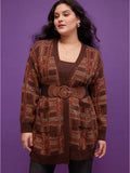 Tartan Contrast Pointelle Knit Pocket Open Front Cardigan