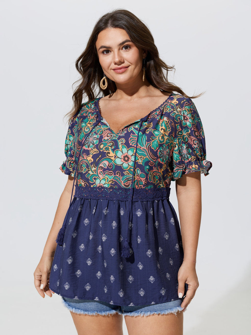 Floral Print Lace Neckline Flowy Blouse