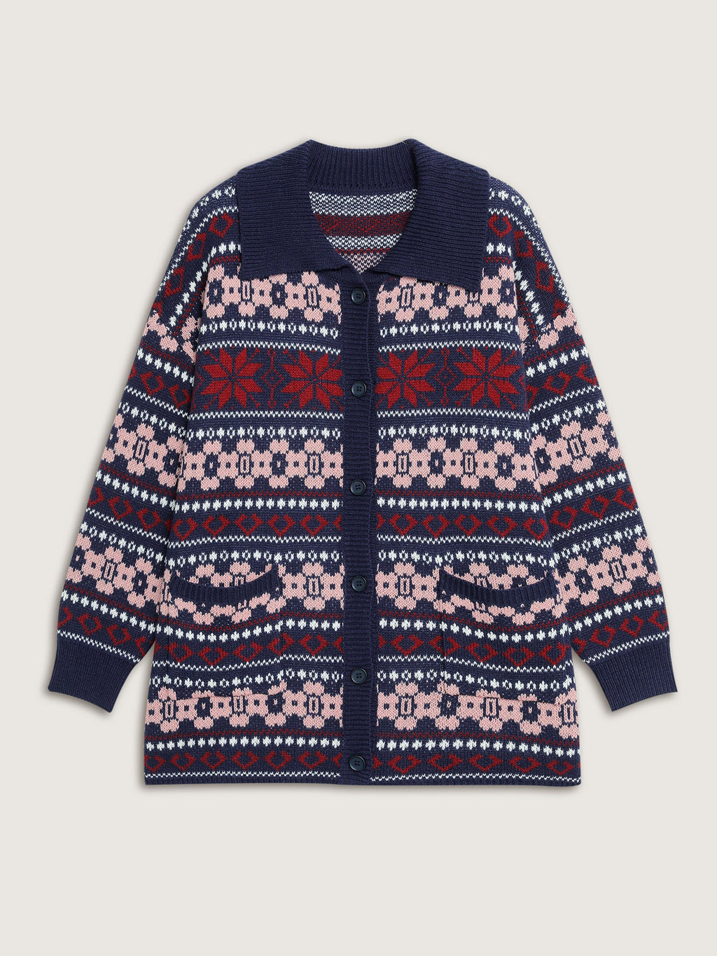 Geometric Pattern Patch Pocket Button Knit Cardigan