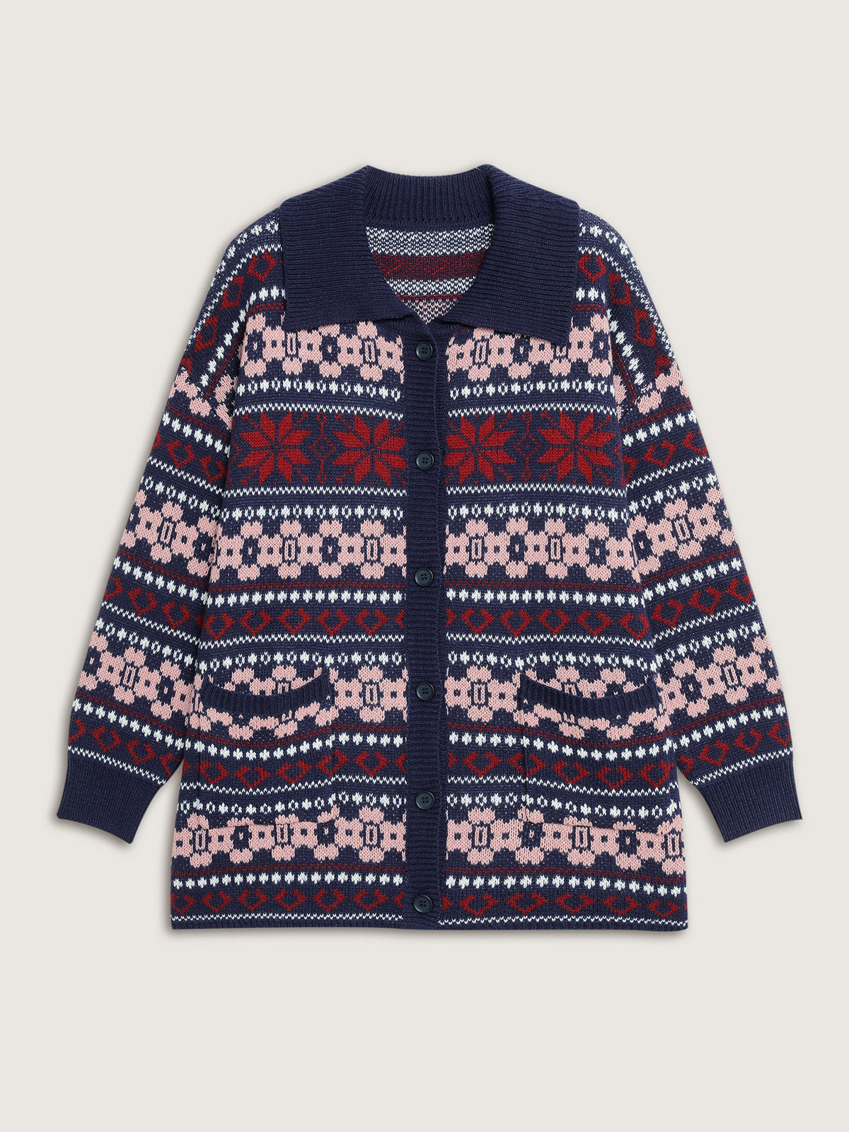 Geometric Pattern Patch Pocket Button Knit Cardigan