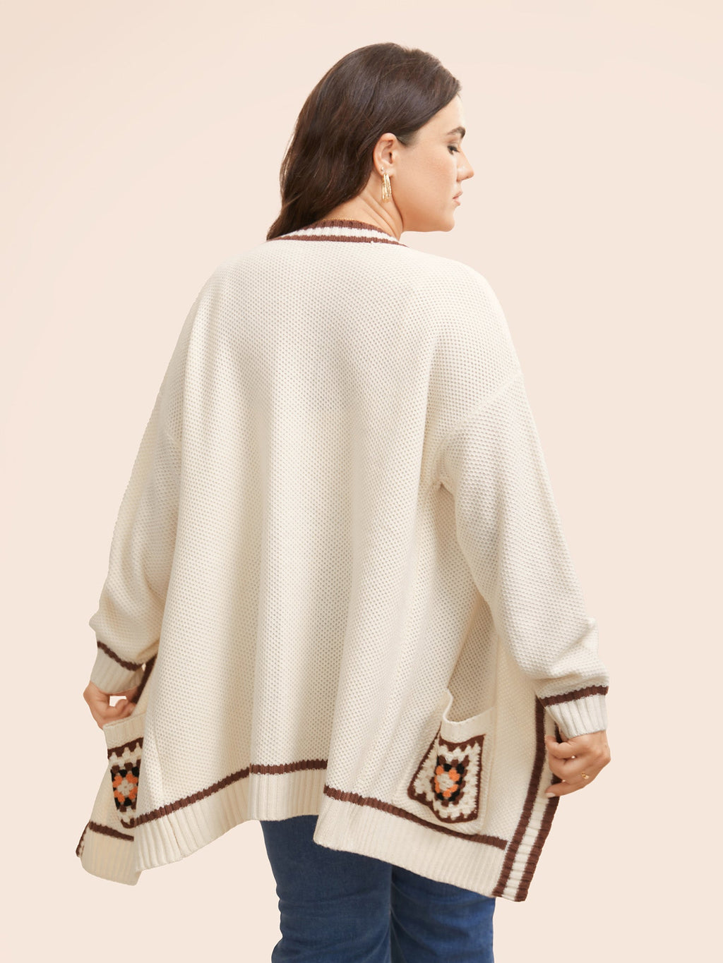 Crochet Floral Patch Pocket Drop Shoulder Cardigan