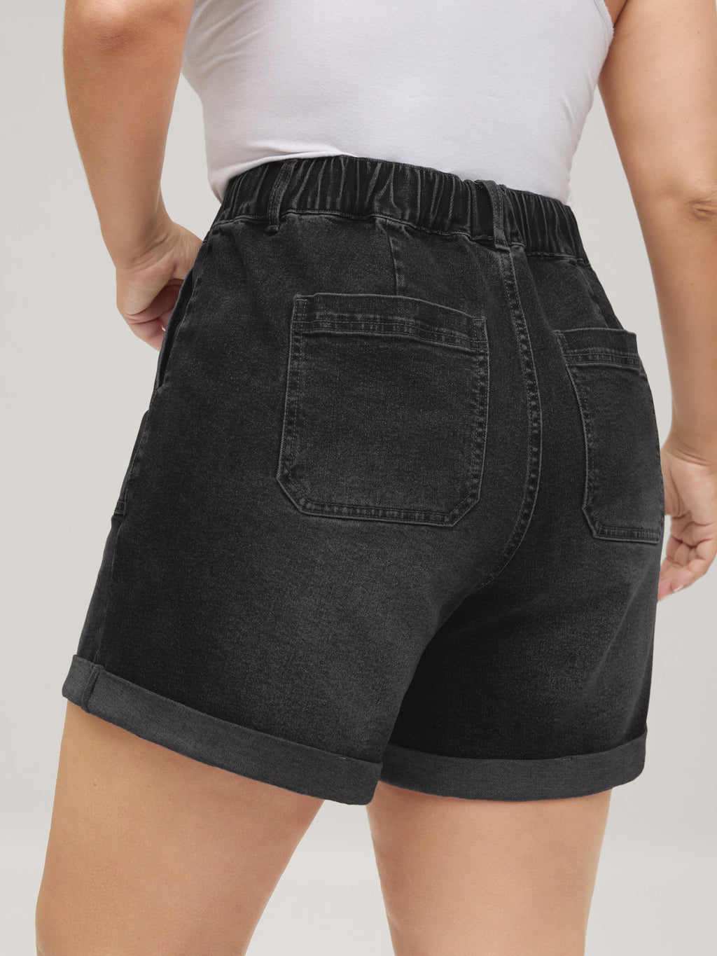 Pull-On Folded Hem High-Rise Denim Shorts