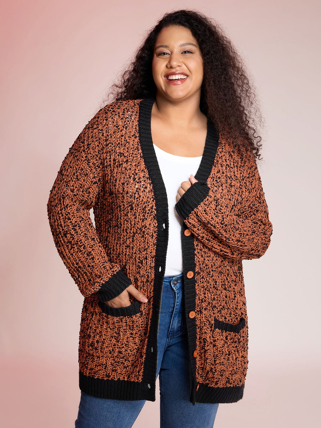 Textured Color Contrast Edges Pockets Cardigan