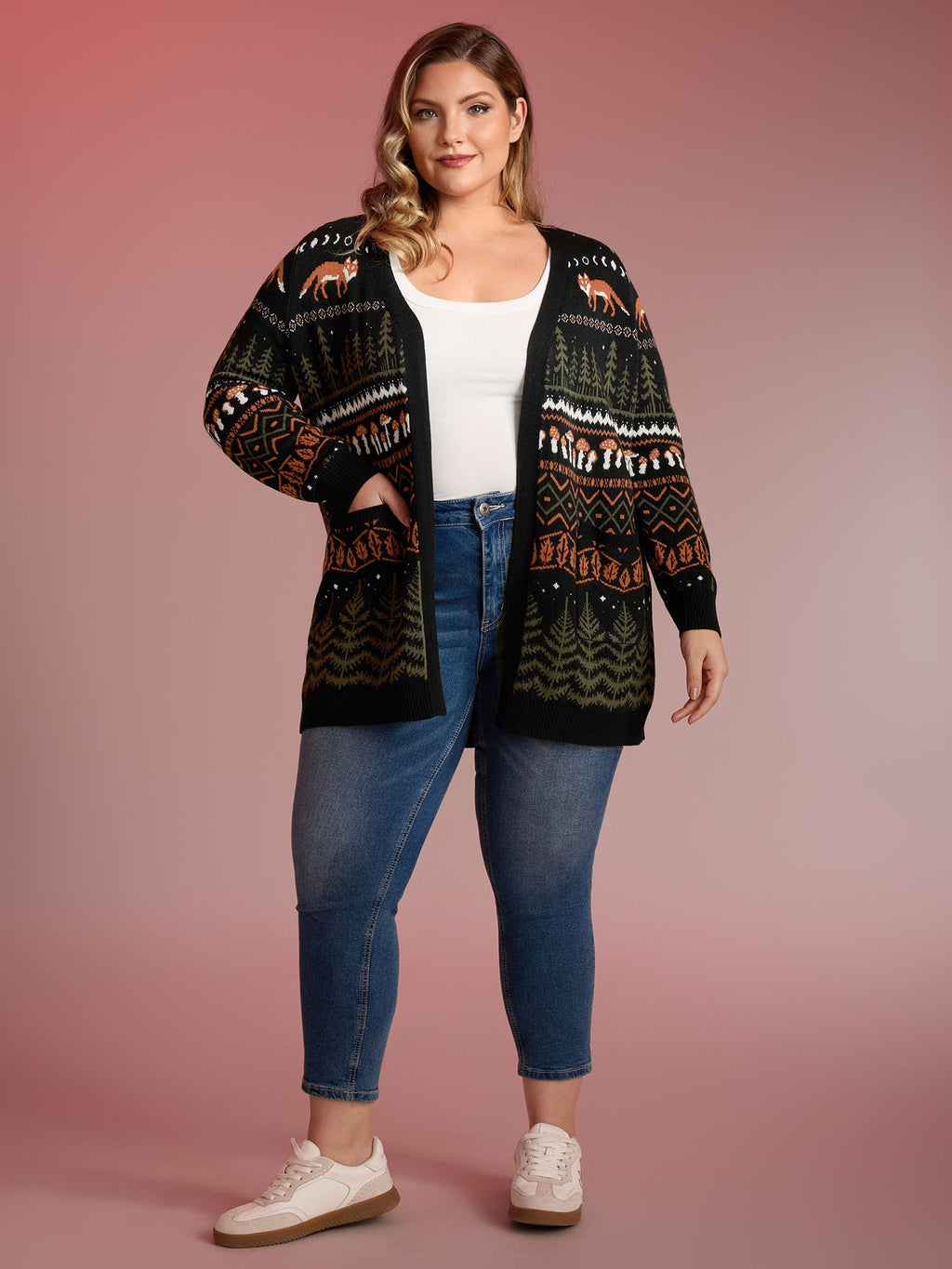 Fox in Forest Contrast Knit Cardigan