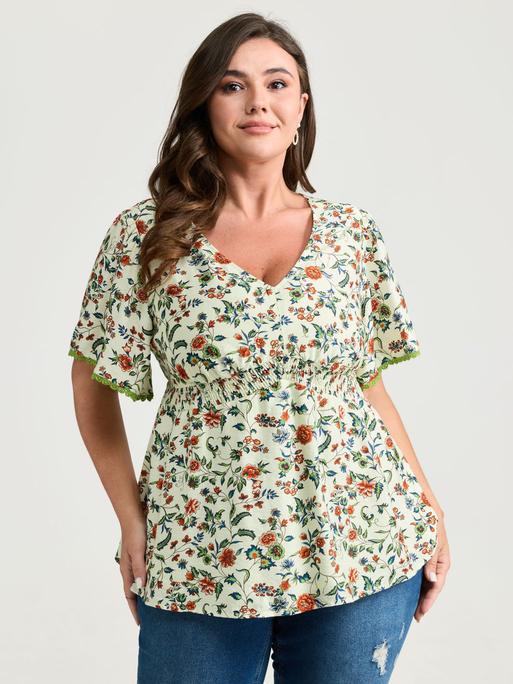 Dense Floral Print Bustier Shirred Waist Blouse