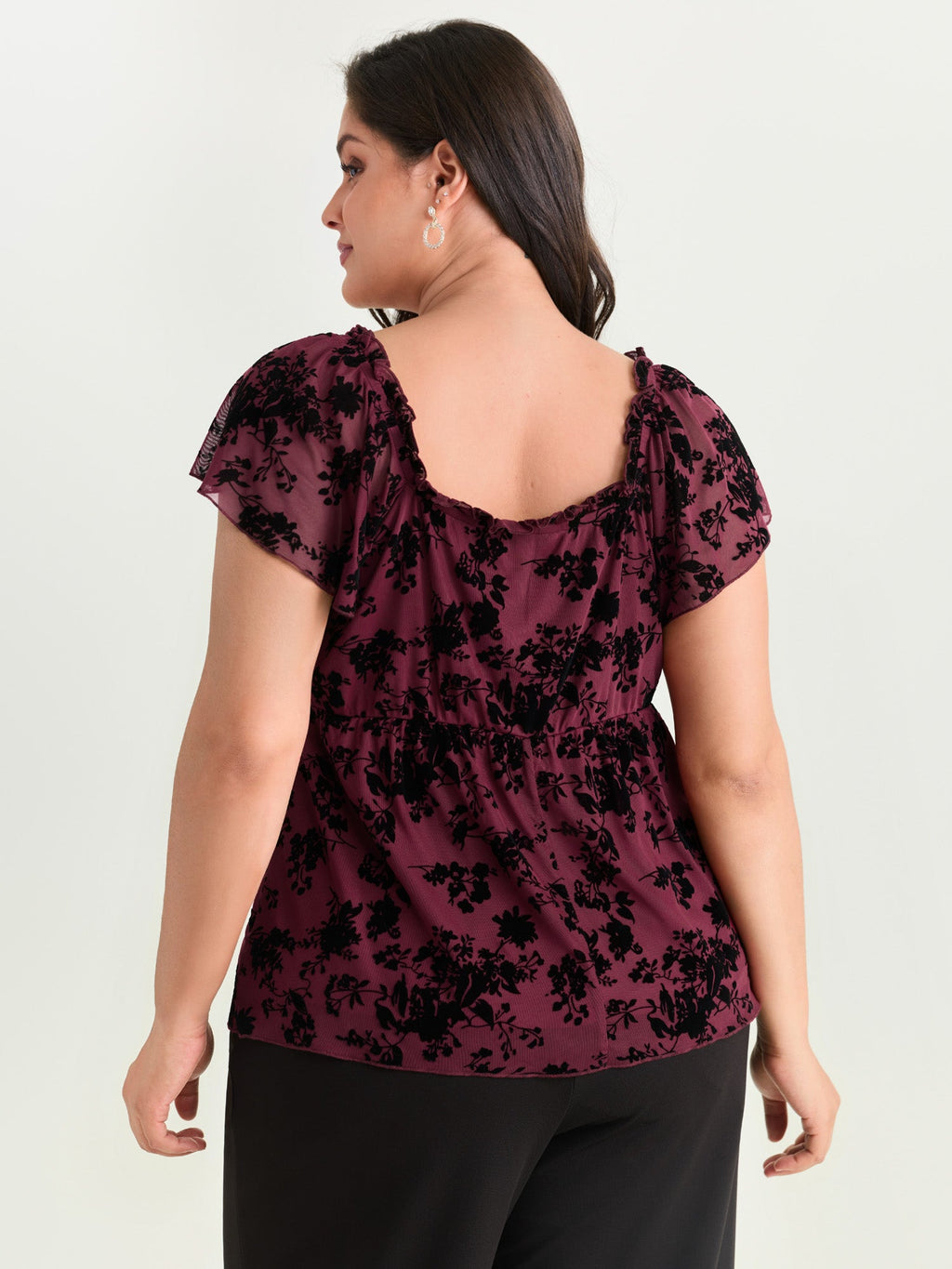 Flocked Floral Drawstring Neckline Knit Top