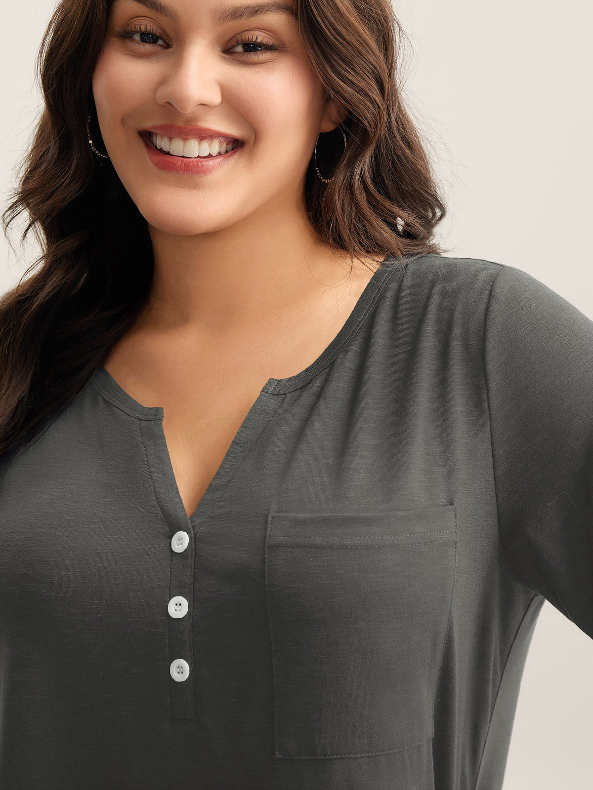 Solid Split Neck Button Detail T-Shirt