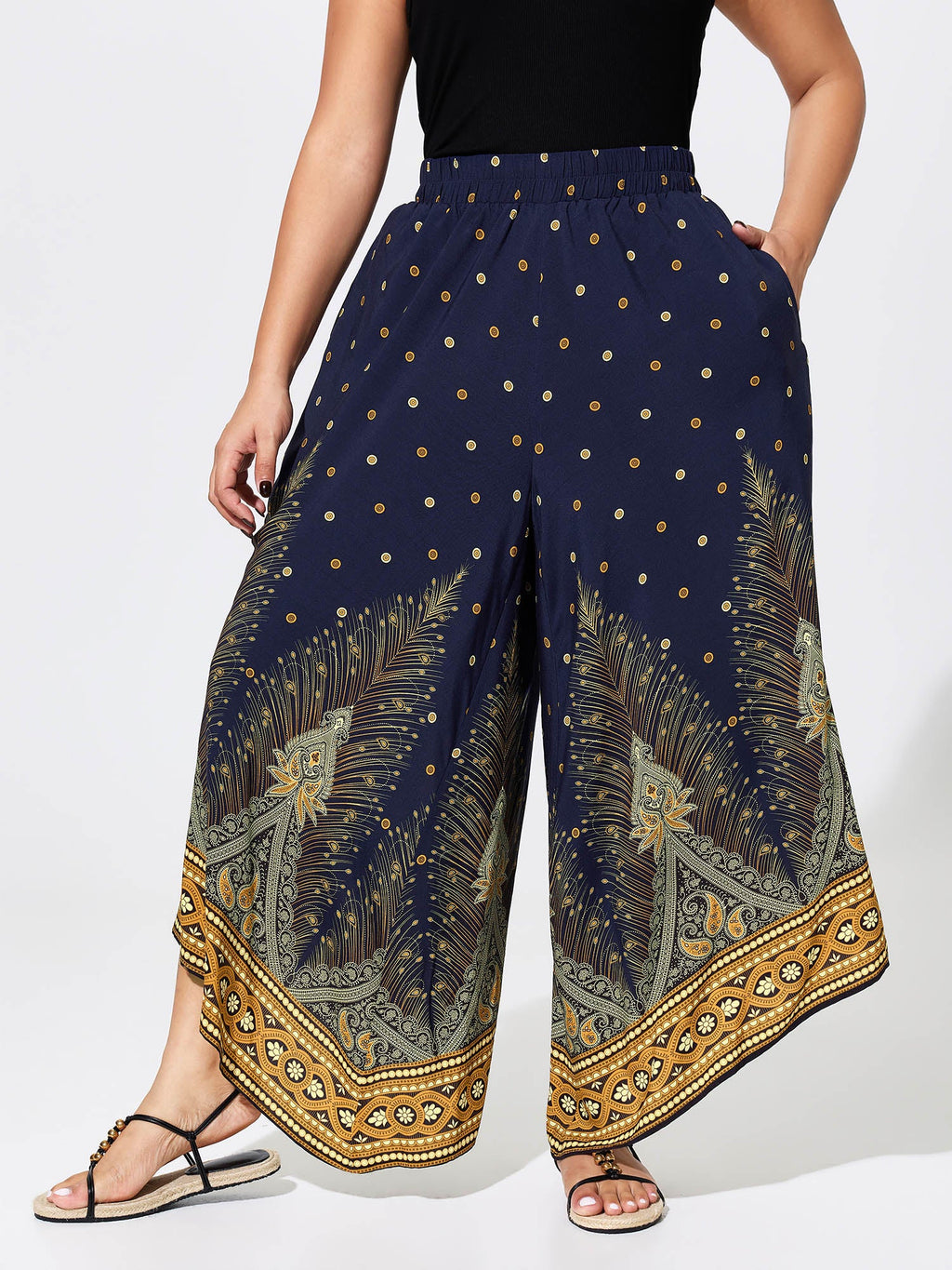 Boho Print Wide-Leg Color Contrast Pants