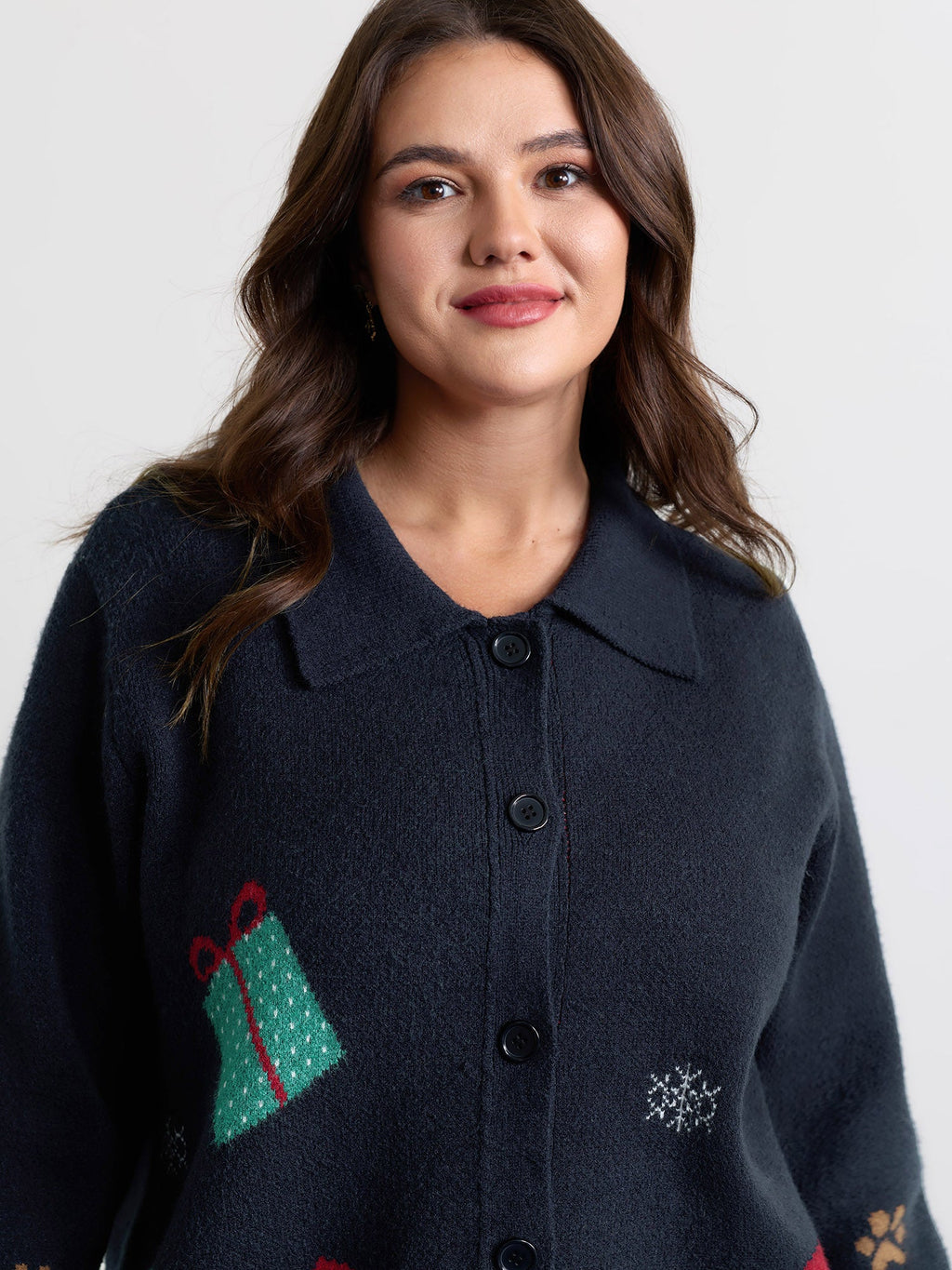 Holiday Pattern Collar Button Knit Cardigan