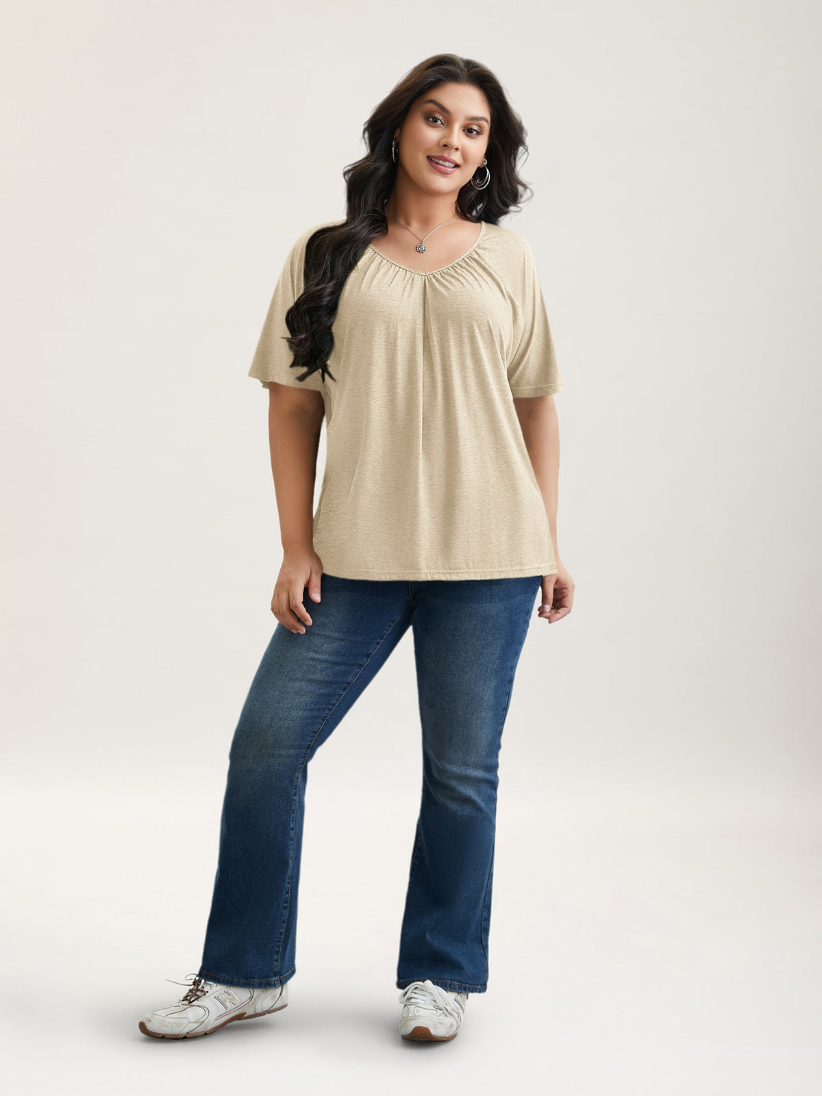 Pleated Plain Half-Sleeve Knit Top