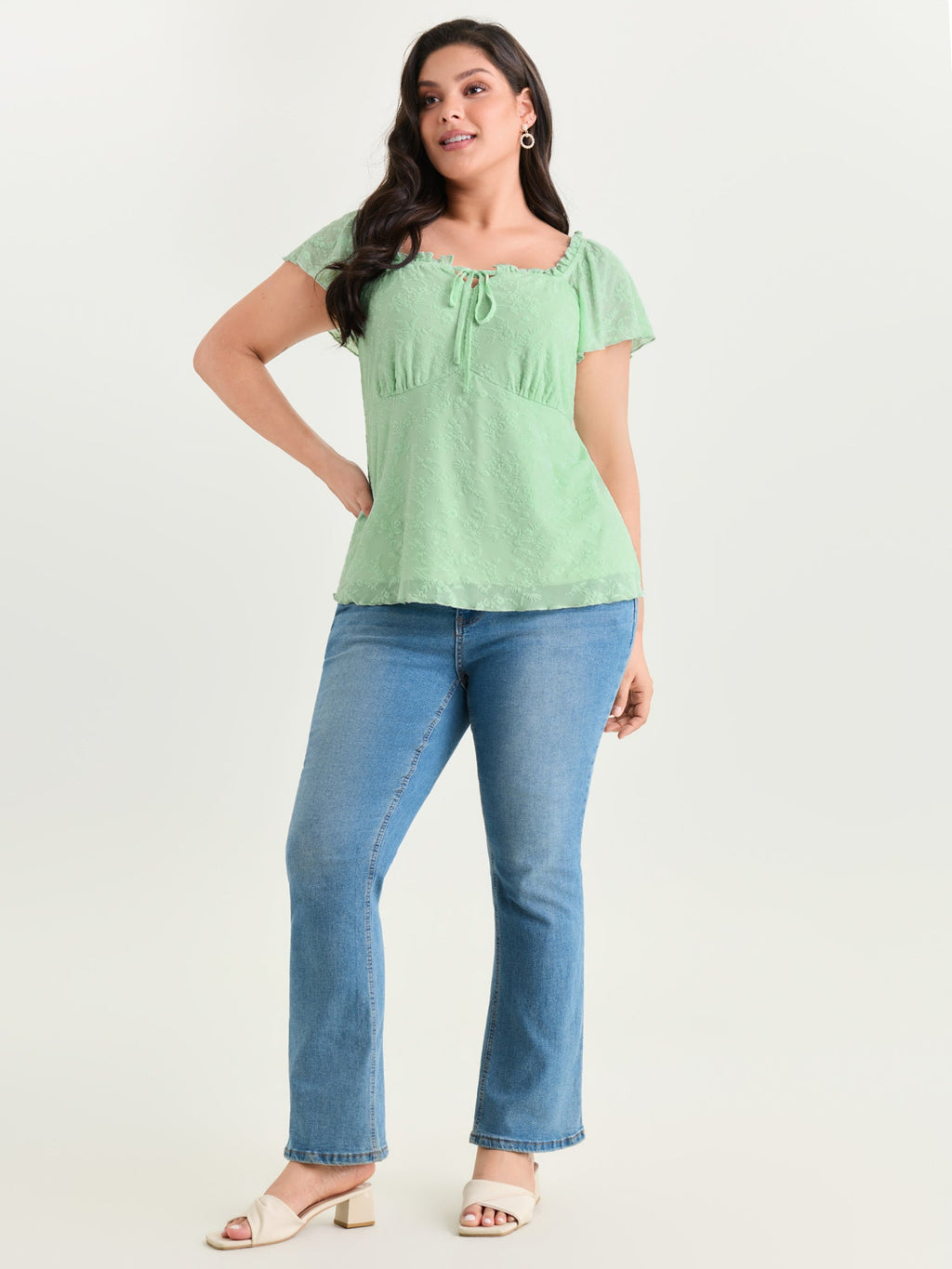 Flocked Floral Drawstring Neckline Knit Top