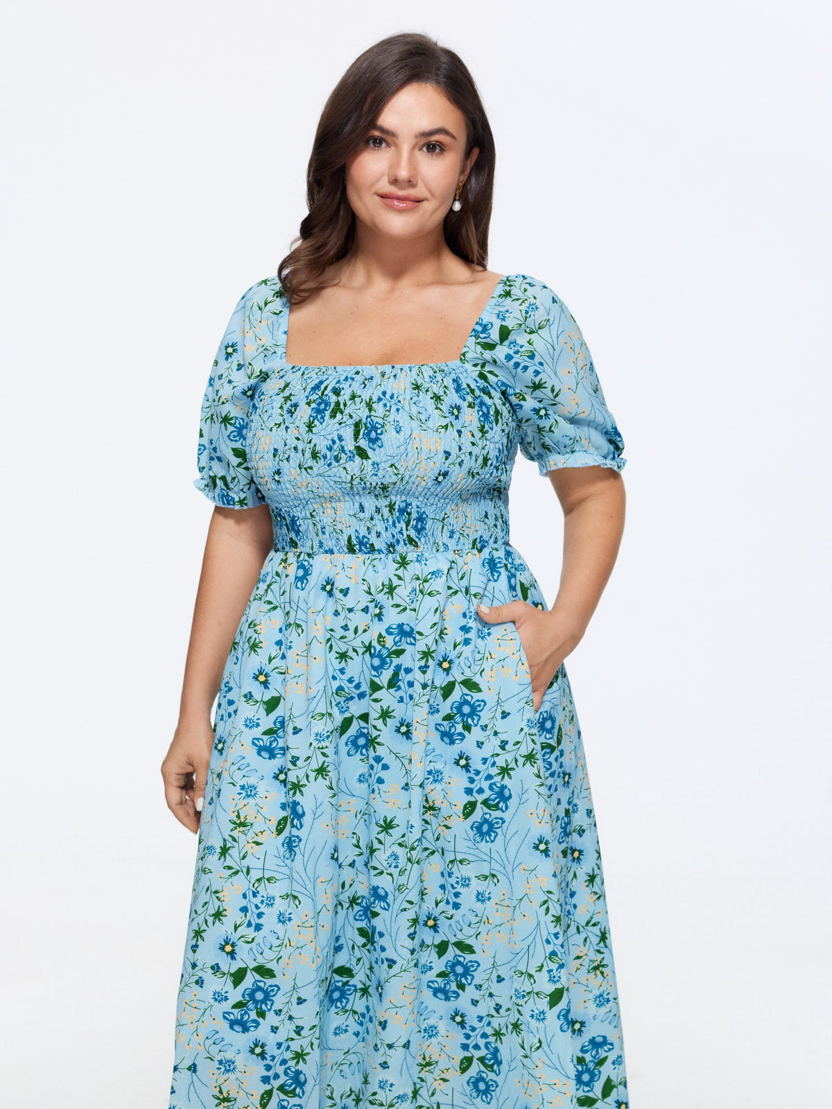 Shirred Floral Print Pockets Maxi Dress