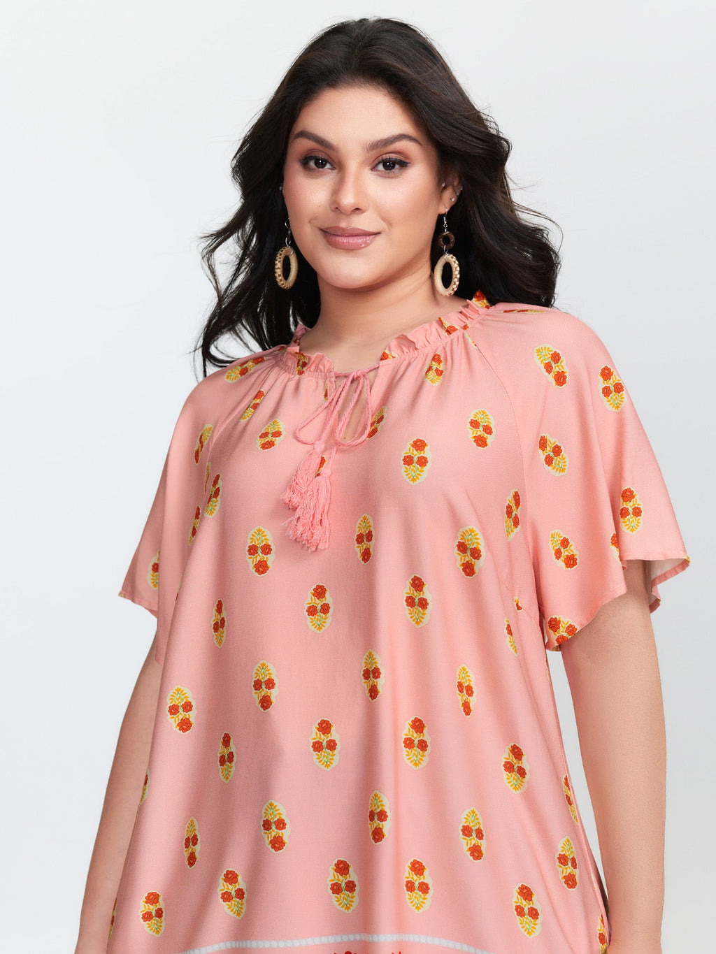 Floral Print Drawstring Neckline Flowy Blouse
