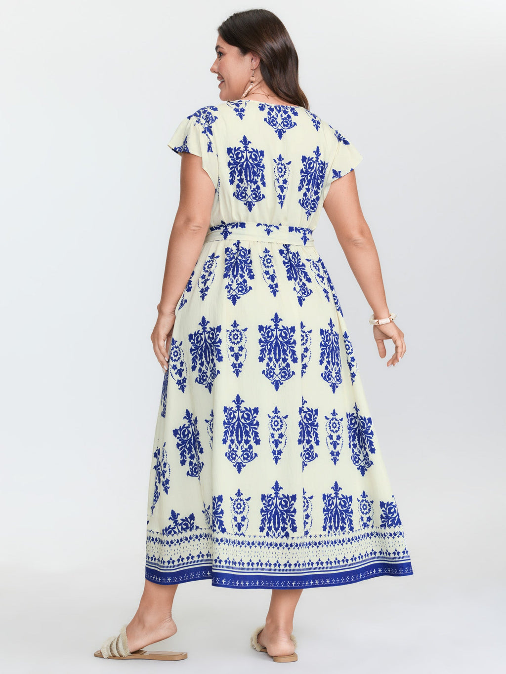 Floral Print Waist-Tie Pockets Midi Dress