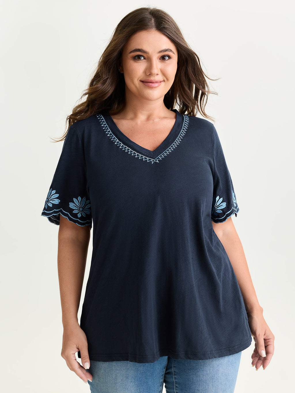Cotton Stretchy V-Neck Floral Print T-Shirt
