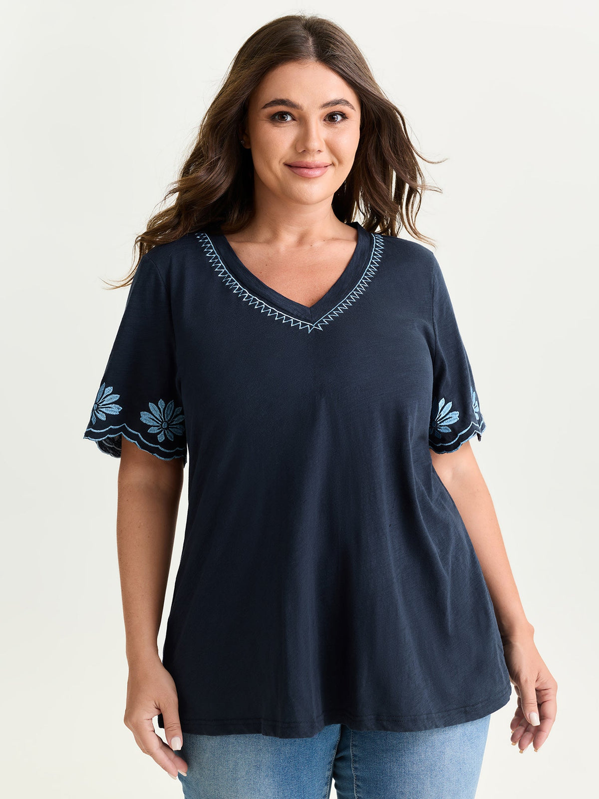 Cotton Stretchy V-Neck Floral Print T-Shirt