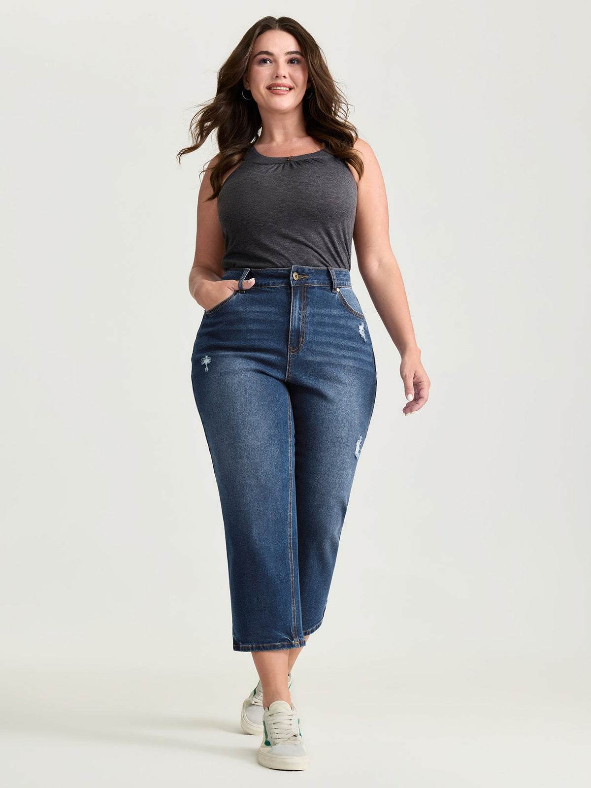 No-Gap Waist Distressed Cropped Jeans