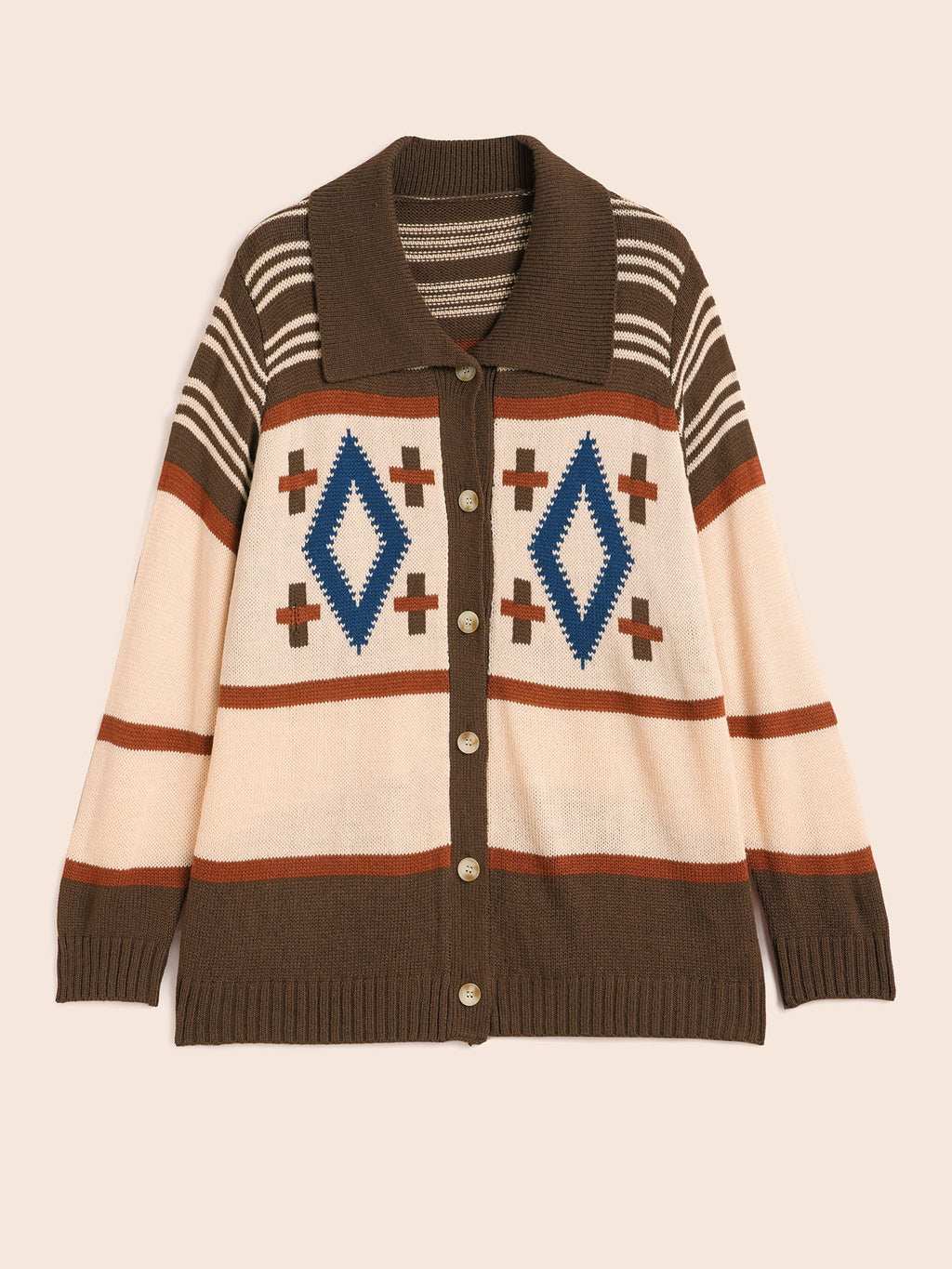 Geometric Pattern Collared Front Button Cardigan