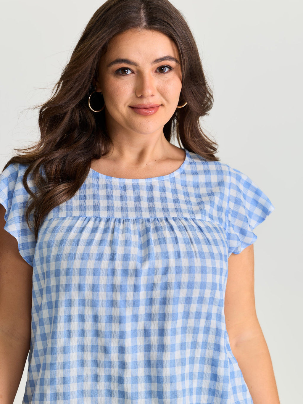 Gingham Print Ruffled Sleeve Pleated Blouse