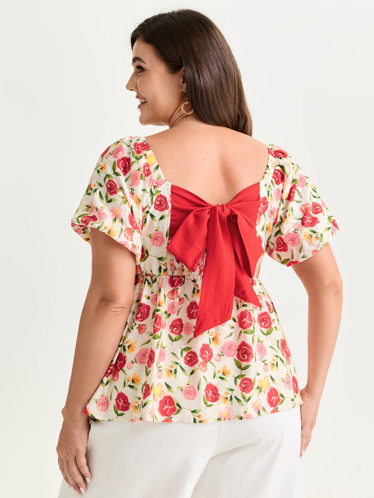 Rose Print Bubble Sleeve Babydoll Blouse