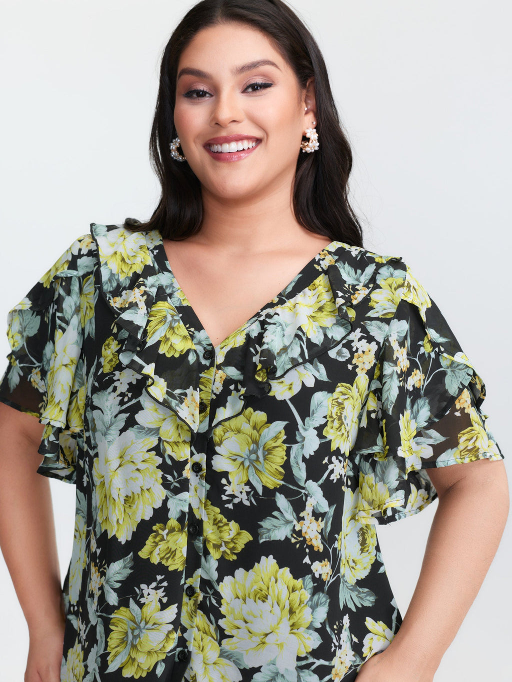 Floral Print Ruffled Edges Blouse