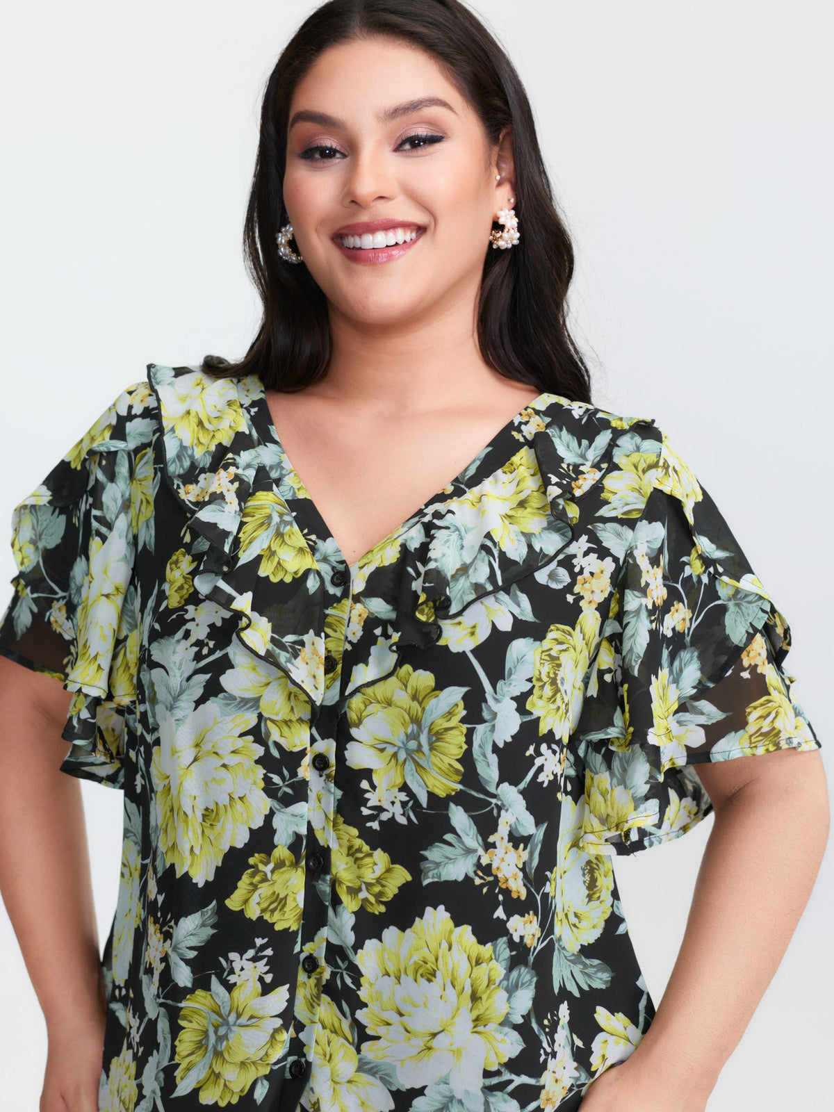 Floral Print Ruffled Edges Blouse