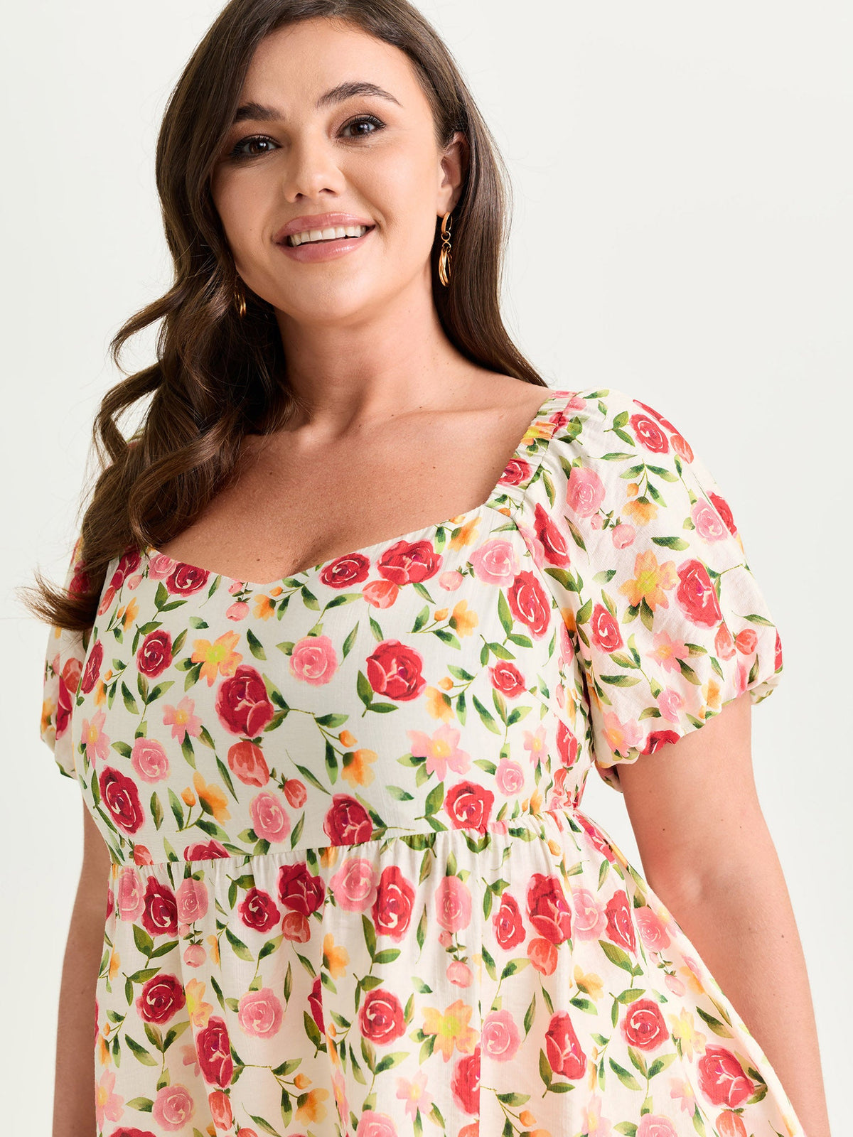 Rose Print Bubble Sleeve Babydoll Blouse