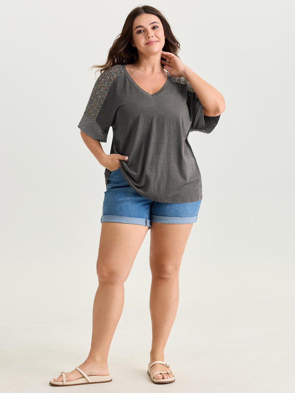 Supersoft Color Contrast Sleeve V-Neck T-Shirt