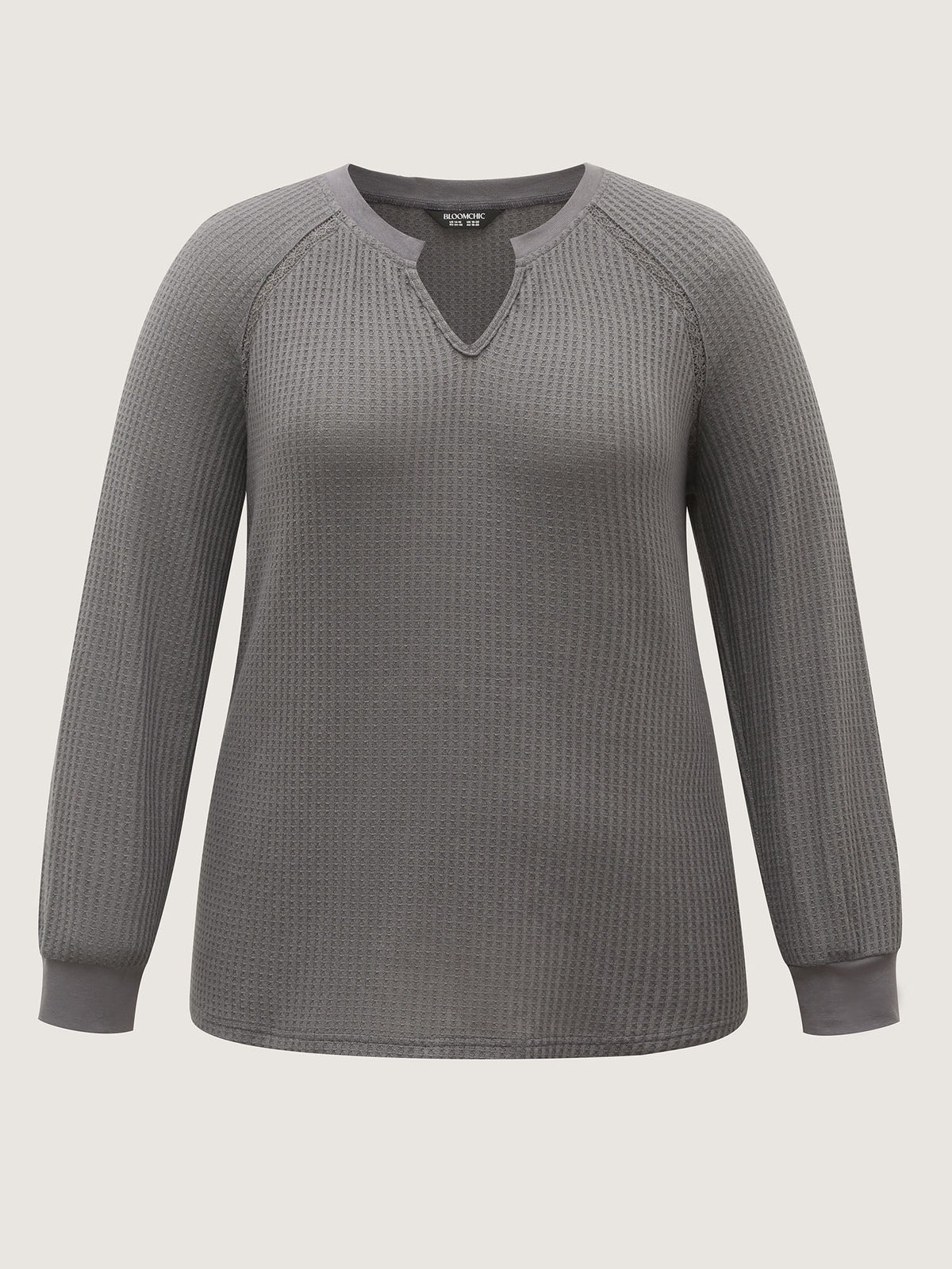 Waffle Grid Notched Collar Lace Sweatshirt