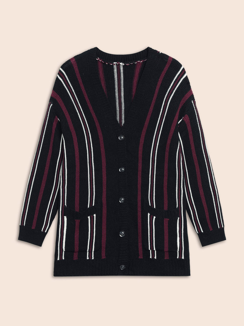 Striped Patched Pocket Drop Shoulder Cardigan