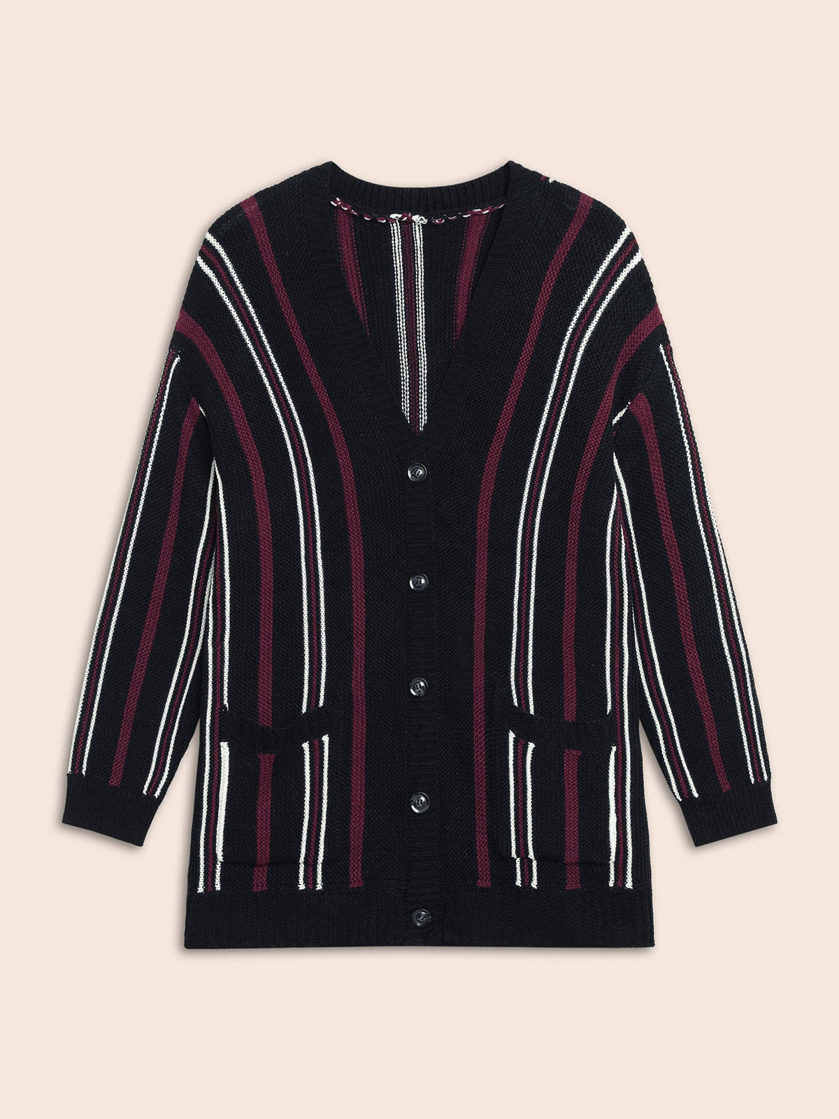 Striped Patched Pocket Drop Shoulder Cardigan