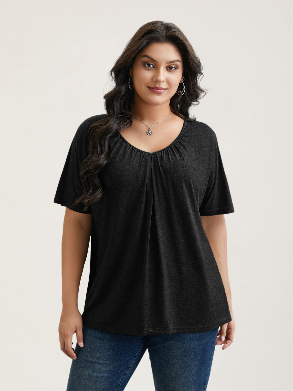 Pleated Plain Half-Sleeve Knit Top