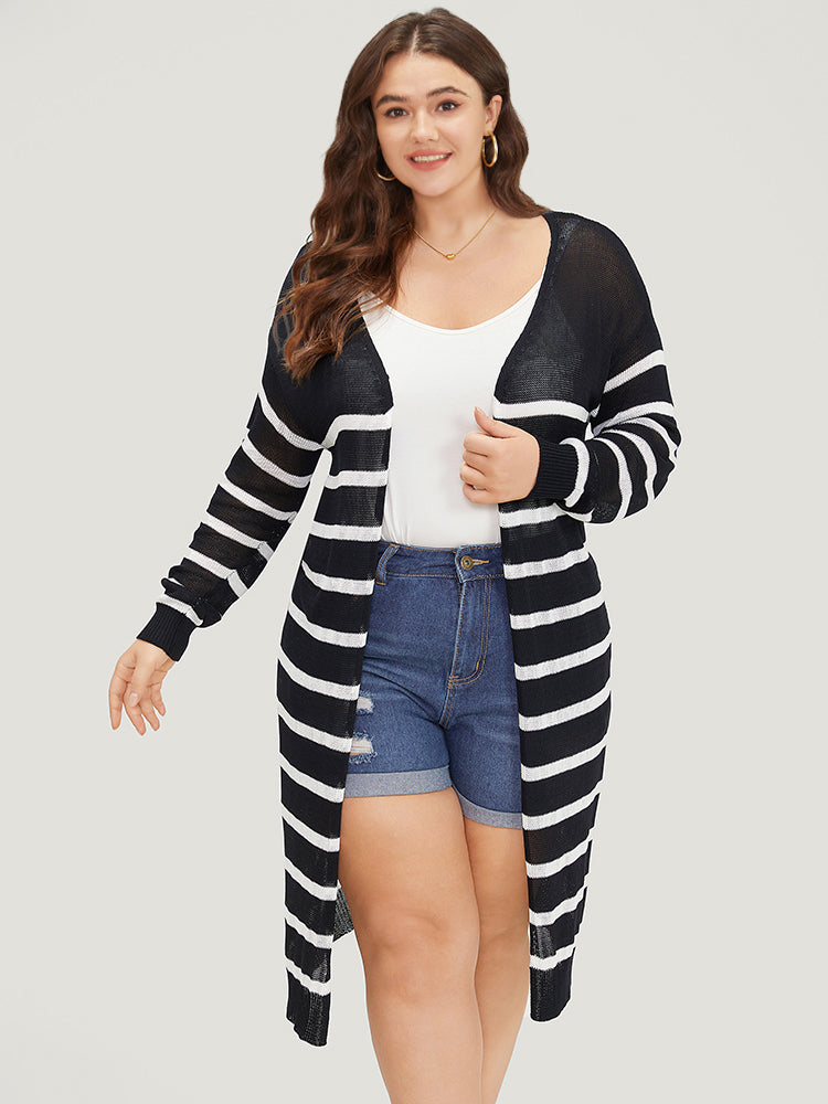 Striped Open Front Elastic Cuffs Drop Shoulder Cardigan