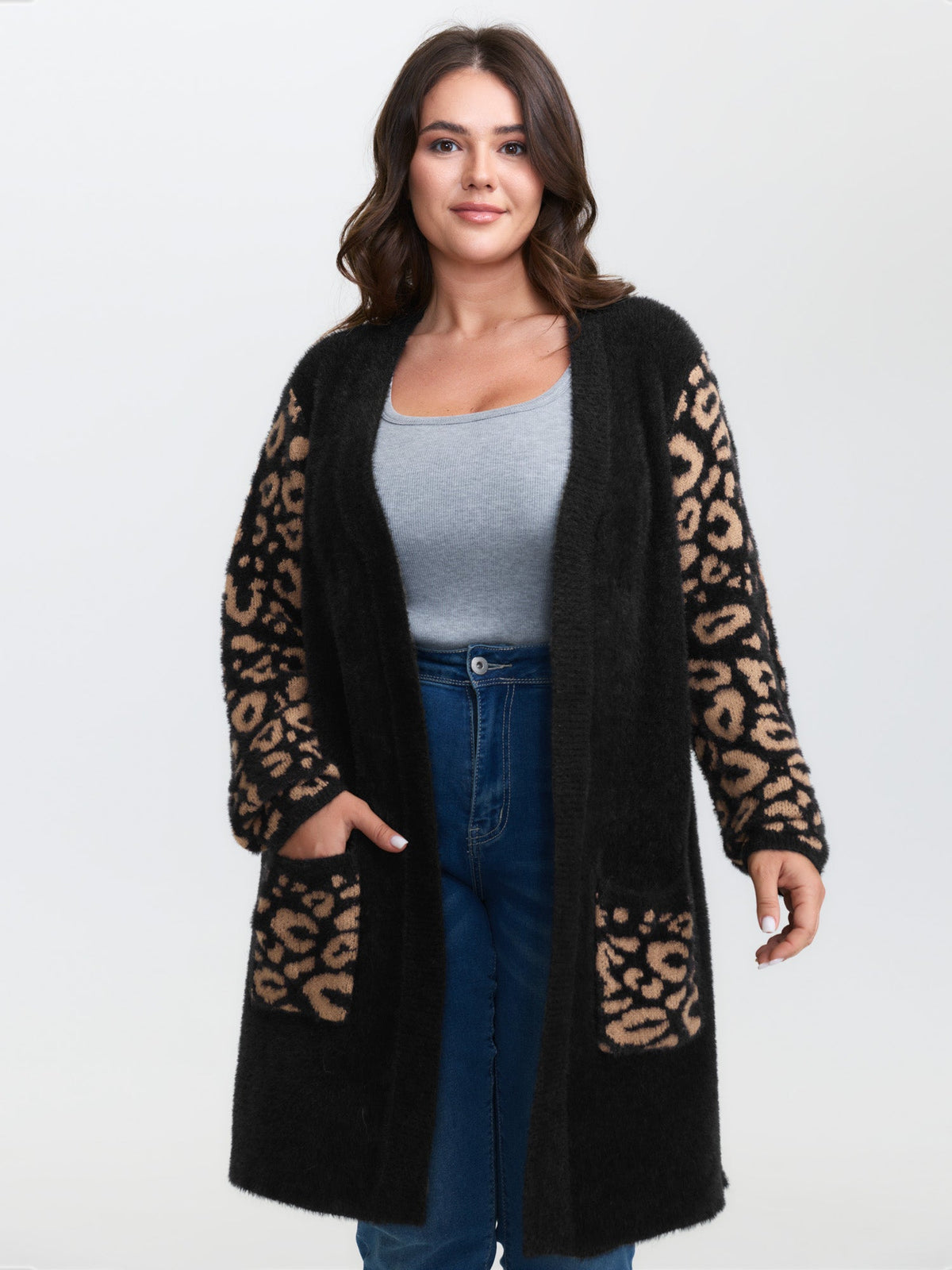Leopard Jacquard Furry Open-Front Knit Cardigan