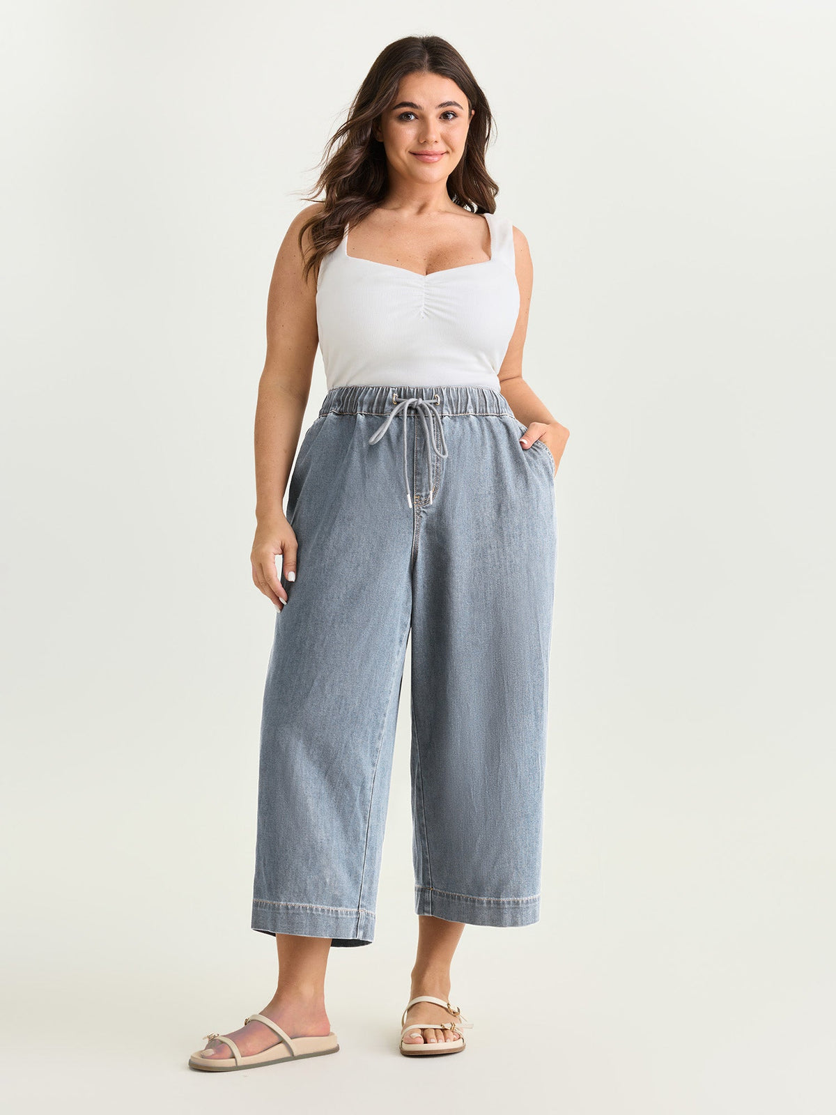 Elastic Drawstring Waistband Wide-Leg Jeans