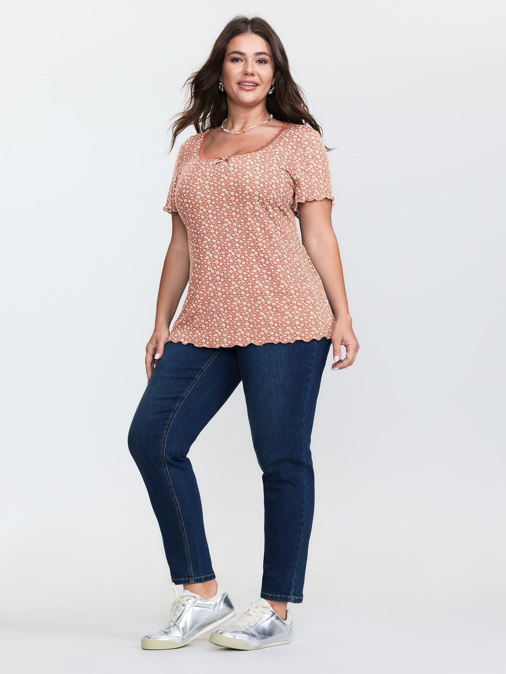 Floral Print Lace Neckline T-Shirt