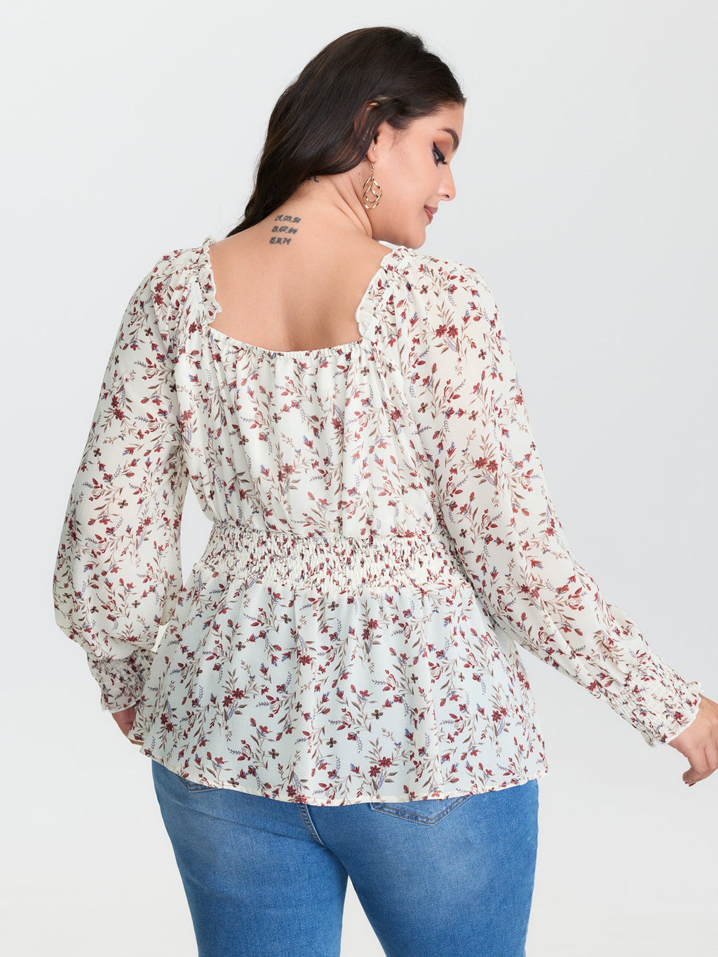Floral Drawstring Neckline Shirred Blouse