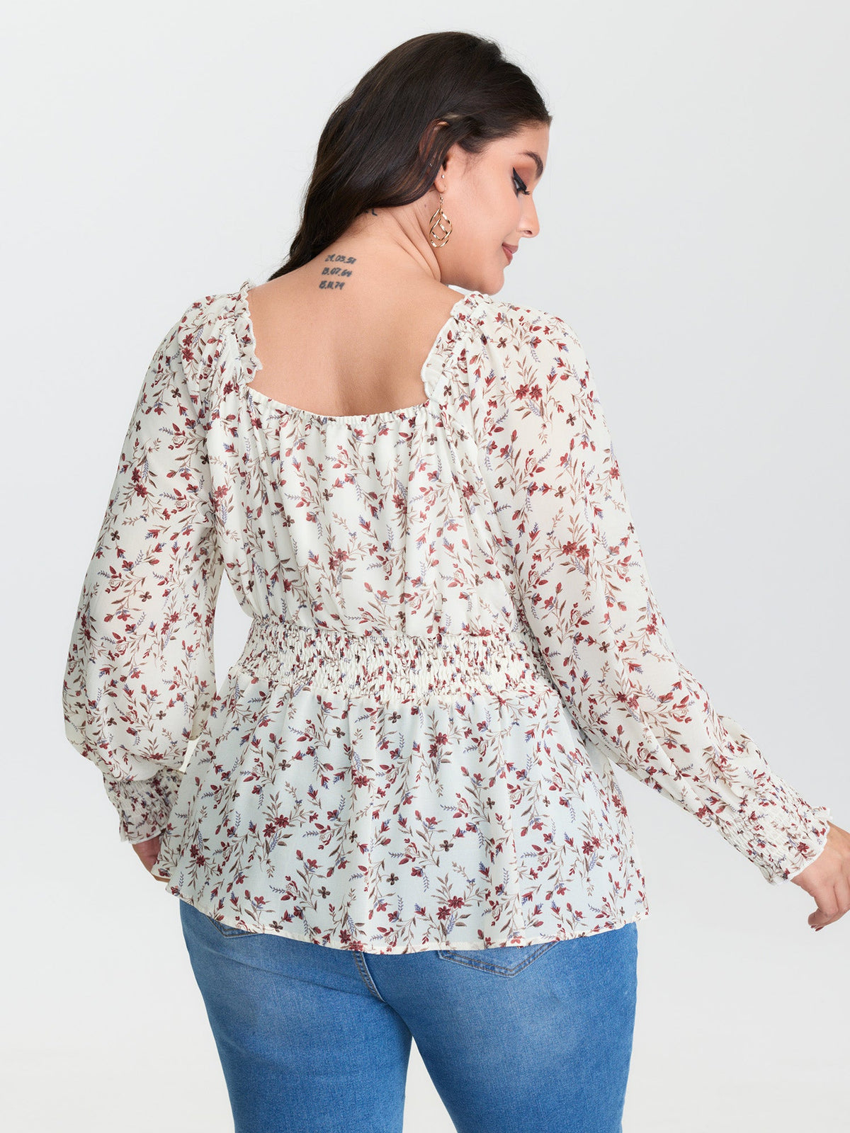 Floral Drawstring Neckline Shirred Blouse