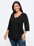 Cotton Wave V Neck Three Quarter Sleeve Knit T-Shirt